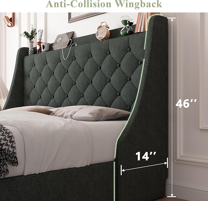 Feonase Upholstered Full Size Bed Frame with 4 Storage Drawers, Charging Station, Tufted Wingback Storage Headboard, No Box Spring Needed, Easy Assembly, Dark Grey