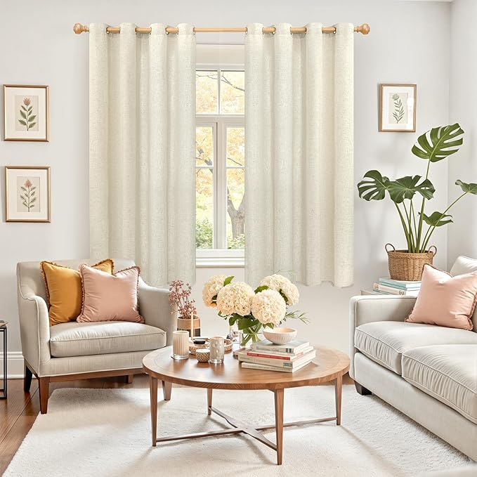 YoungsTex Beige Linen Curtains 45 Inch Length for Short Kitchen Window, Light Filtering Semi Sheer Drapes with Grommet Rustic for Cafe Bathroom Bedroom, 2 Panels, 52 X 45 Inch