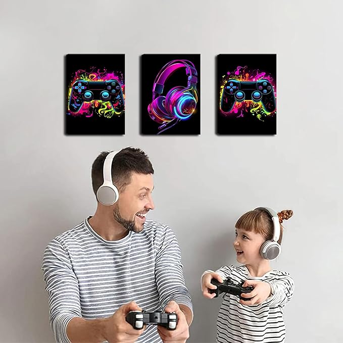 BGFCE Game Room Decor Set of 3, Neon Gaming Video Game Room Wall Art, Gaming Canvas Paintings Posters Prints for Teen Boys Room Children Teen Wall Decor Framed 12x16 in