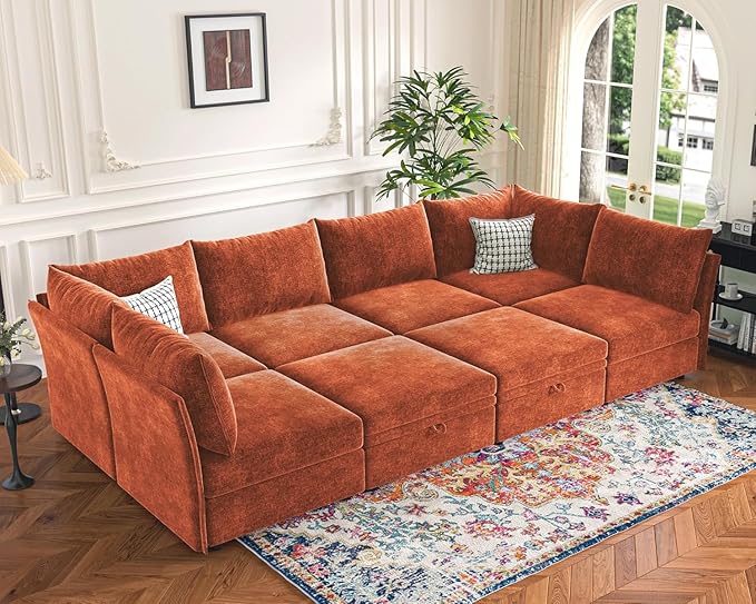 ABCASA 136.4" Oversized Modular Sectional Sleeper Sofa Bed, U Shaped Convertible Couch with Movable Ottoman, Large 8 Seat Corner Couches for Living Room Deep Seat Terracotta Orange Chenille