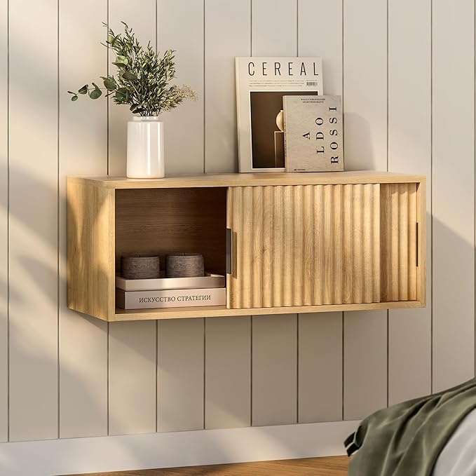 Floating TV Stands Set of 2, Modern Fluted Large Floating Nightstand Wall Mounted Bedside Cabinet with Sliding Doors for Bathroom, Living Room, Bedroom, Natural Oak