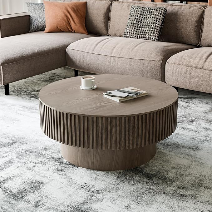 LKTART Round Coffee Table for Living Room, Accent Fluted Drum Coffee Table with Storage, Modern Solid Wood Veneered Circle Center Tea Table for Small Space Apartment (31.5''D×14''H-Grey)