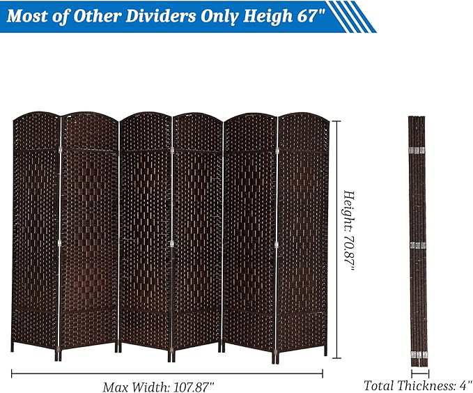 VINGLI 6-Panels Tall Rattan Room Divider, 6 FT Folding Privacy Screen, Indoor Partition Wall Dividers, Freestanding Hinged Space Separator (Dark Brown)