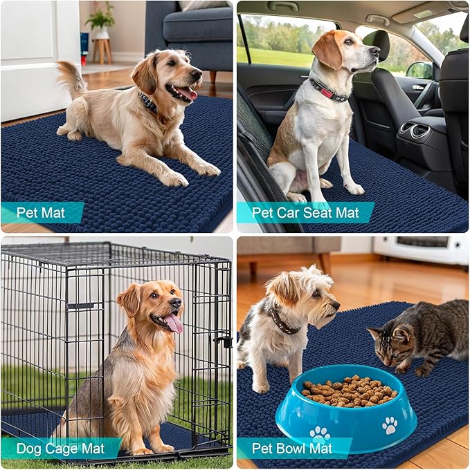 OLANLY Dog Door Mat for Muddy Paws 36x24, Absorbs Moisture and Dirt, Absorbent Non-Slip Washable Doormat, Quick Dry Chenille Mud Mat for Dogs, Entry Indoor Entryway Carpet for Inside Floor, Dark Blue