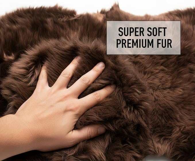 Natural & Genuine Dark Brown Sheepskin Rug, Real Fluffy Double Pelt 2x6 ft Fur Area Rug for Bedroom & Living Room Decor, Soft & Cozy Sheep Skin Throw