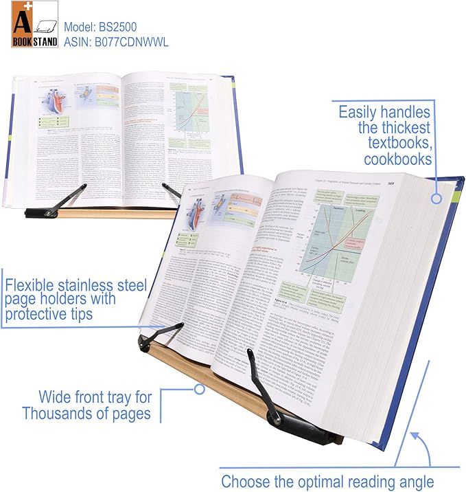 A+ Book Stand BS2500 Large 16x10.5 Portable Adjustable Foldable Bookstand Holder for Reading Hands Free Large Thick Heavy Textbooks Cookbooks Tablets