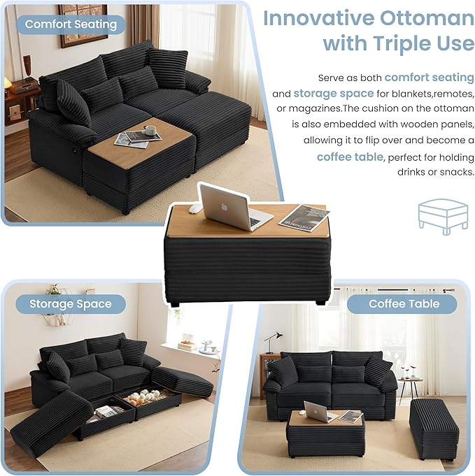 74" Double Chaise Lounge Chair Indoor, Oversized Loveseat with Removeable Ottoman, Corduroy Couch with USB Charging, Storage Ottoman, and Coffee Table Cushions for Living Room (2 Chaise Black)