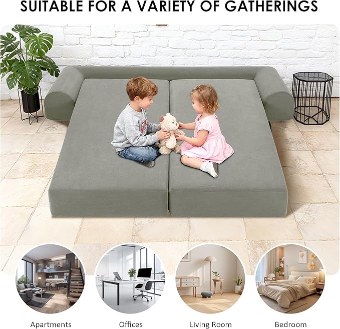 80" Convertible Sofa Bed, No Assembly Modern Boneless Compression Sofa in Box, 3-in-1 Corduroy Folding Pull Out Couch with Pillows, Floor Couch with Side Storage Pocket for Living Room,Light Grey