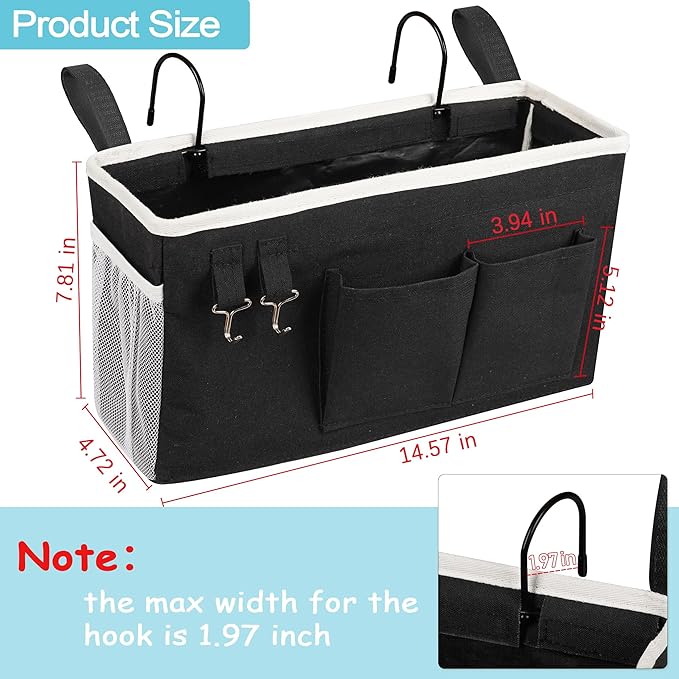 Loghot Bedside Caddy/Bedside Storage Bag Hanging Organizer for Bunk and Hospital Beds,Dorm Rooms Bed Rails,Can be Placed Glasses,Books,Mobile Phones,Keys (2pc Black)