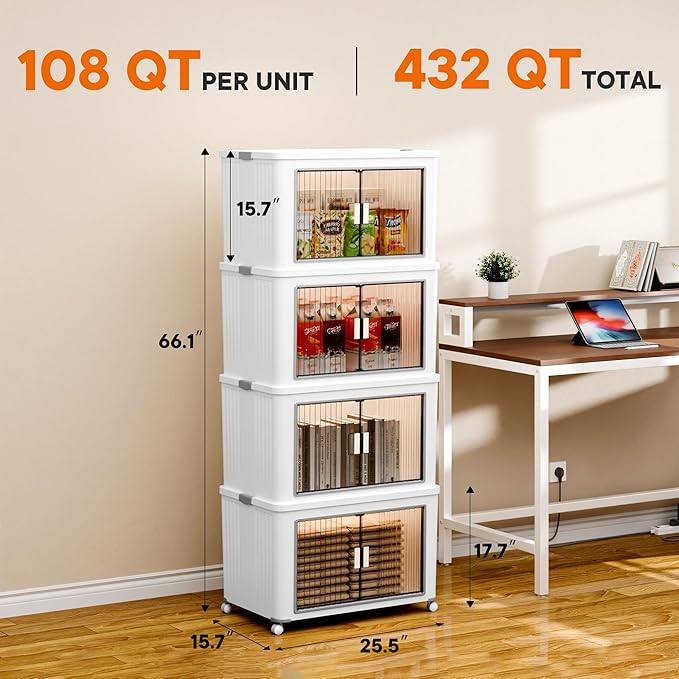 4 Tier 432 Qt Storage Bins with Lids - Stackable Storage Bins, Large Plastic Storage Boxes for Toy, Closet, Open Front Storage Bin with Wheels Suitable for Garage, Bedroom, Living Room, Camping