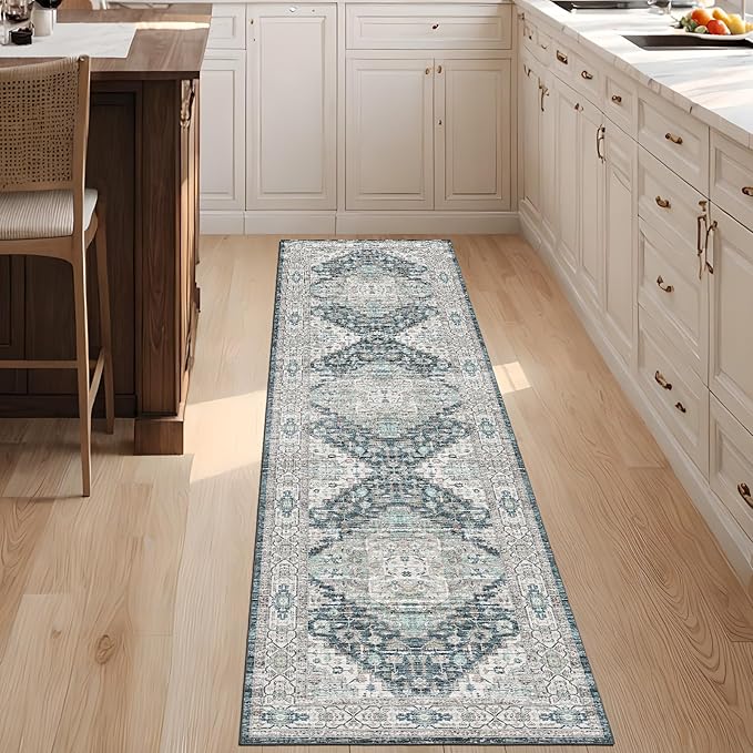 Washable Runner Hallway Rug,Low Pile 2x8 Non Slip Non-Shedding Kitchen Carpet Soft Indoor Stain Resistant Rug for Bedroom Laundry Room Bathroom Blue Beige Multi