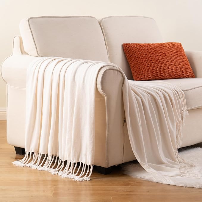 BATTILO HOME Off White Throw Blanket for Couch, Bed, Sofa - Soft Cozy Cream Chenille Throw with Fringe Tassels, Lightweight Farmhouse Knit Throw for Home Decor, 50"x60"