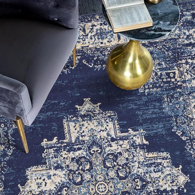 vivorug 9x12 Area Rugs for Living Room, Non Slip Machine Washable Vintage Navy Blue Rug, Ultra-Thin Lightweight Large Area Rug for Bedroom, Dining Room, Low Pile Rug