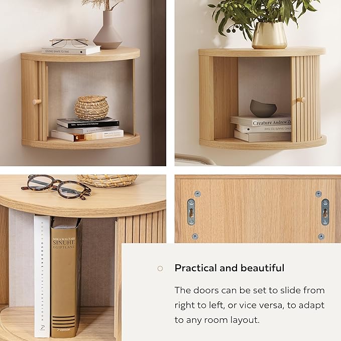 WERMO 16'' Floating Nightstand Shelf with a Sliding Door and Storage - Floating Bedside Shelf Wall Mount, Wall Mounted Wood Nightstand, Mid Century Modern Side Table (Oak)