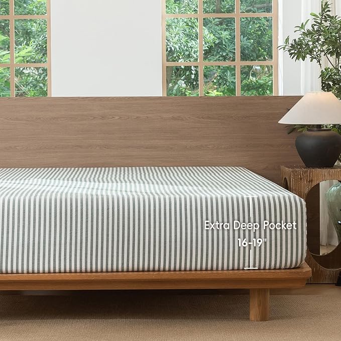 MooMee Striped Fitted Bottom Sheet Only 100% Washed Cotton Linen Like Textured Breathable Durable Soft Comfy Deep Pocket Fits Mattress up to 17" (Heathered Green Classic Stripes, Queen)