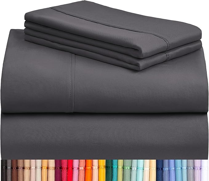 LuxClub 4 PC King Sheet Set, Deep Pockets Wrinkle Free Cooling Bed Sheets Hotel Bedding for Women, Men, Includes 1 Fitted Sheet, 1 Flat Sheet and 2 Pillowcases-Silky Soft Dark Grey