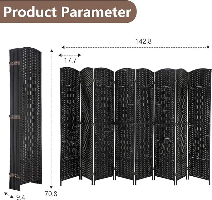 Room Divider 8 Panel Folding Privacy Divider 6 Ft Indoor Wall Divider Portable Partition Wood Screen, Black