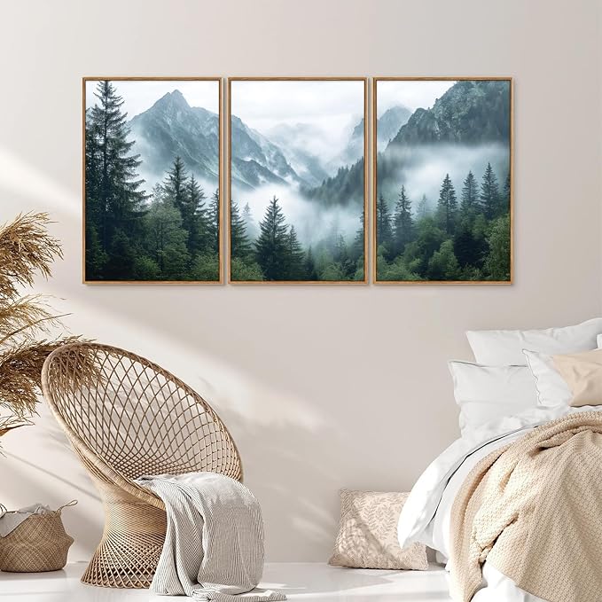 YeeHomedec Large Mountain Framed Canvas Wall Art, Mordern Calming Forest Wall Decor, Misty Nature Mountains Art Painting, Wooden Pine Trees Artwork for Living Room Bedroom Farmhouse 16"x24"x3
