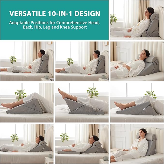 Bedluxe Adjustable 4pcs Bed Wedge Pillow Set, Memory Foam Wedge Pillows Post Surgery for Back, Neck, Leg Pain Relief, Pillow Wedge for Sleeping, Sitting up in Bed, Acid Reflux and GERD, Grey
