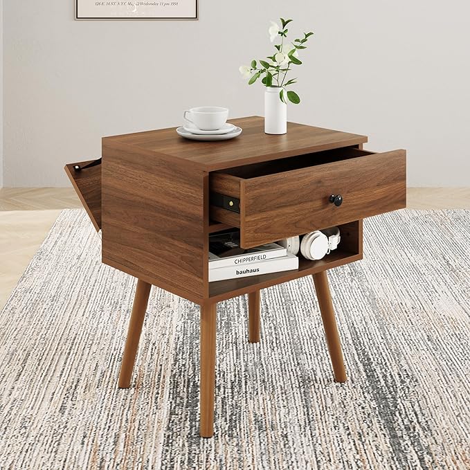 Hidden Compartment Nightstands, Mid Century Modern Concealment Furniture, Bedside Table with Wood Legs, End Table with Storage Drawer for Bedroom (1,Walnut)