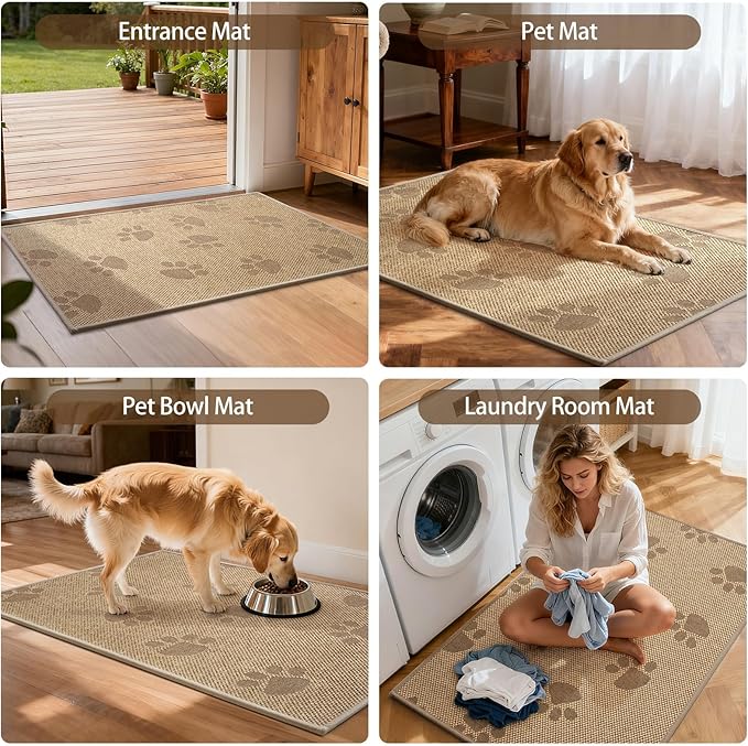Door Mat Indoor Entrance 24"x35", 0.16" Thin Paw Print Low Pile Doormat, Non Slip Welcome Mat, Trap Dirt and Moisture, Easy Clean, Brown