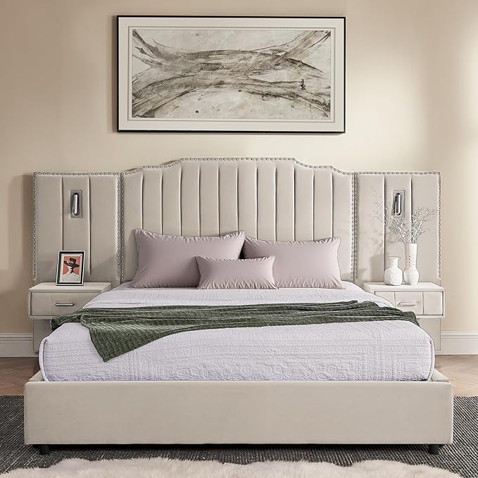 Luxury Queen Bed Frame with Headboard and Storage, Velvet Fabric Upholstered Platform Bed Frame Queen Size with LED Lights, Solid Frame & Bedside Table, No Box Spring Needed, Beige