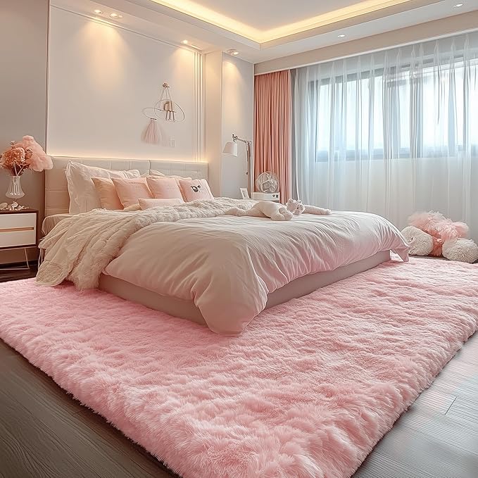 PAGISOFE Pink Rugs for Girls Bedroom 4x6 Ft Fluffy Cute Girls Room Decor Aesthetic Area Rugs Kawaii Baby Nursery Rugs Plush Playroom Shag Teen Girl Rug Thick Fur Dorm Rug Living Room Carpet