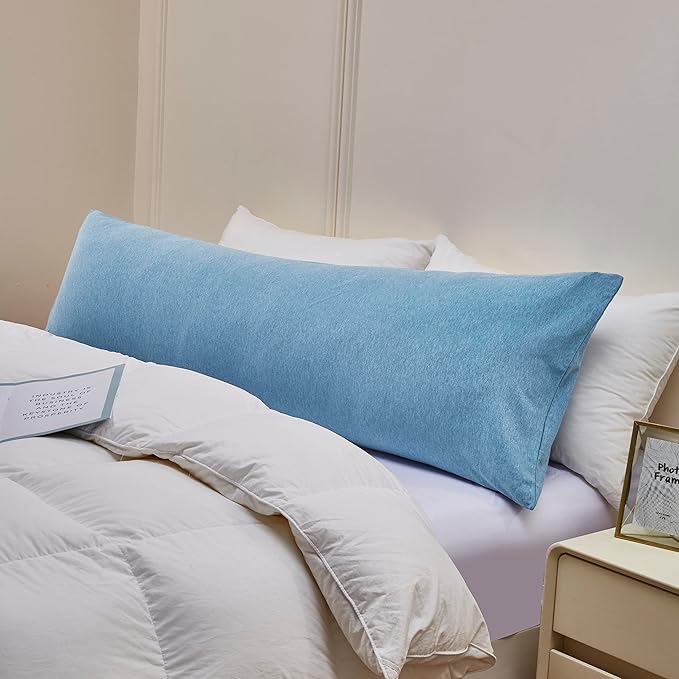 Oubonun 100% Jersey Cotton Body Pillow Cover with Zipper - Luxury Soft Removable Pillow Case - Long Fuzzy - Knitted (Light Blue, 21"X54")