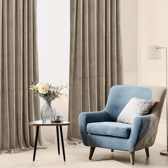 StangH Curtains 102 inches - Rod Pocket Camel Beige Velvet Room Darkening Window Curtains Thick Heavy Vertical Drapes for Elegant Home Decor, W52 x L102, 2 Panels