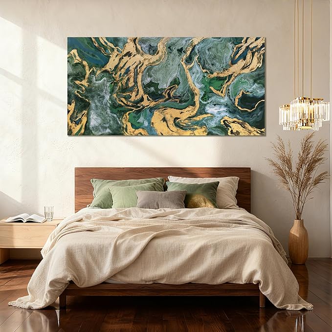 YETHEN WAL Green and Gold Abstract Canvas Wall Art 24×48 inch Horizontal, Emerald Marble Fluid Art, Gallery Wrapped, Ready to Hang, Modern Luxury Decor for Living Room Bedroom Entryway