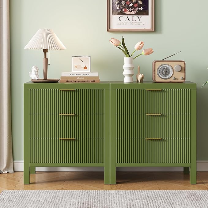 End Table with Storage, Wooden Farmhouse Nightstands with 3 Drawers, Bedside Table - Boho Tall Side Table Accent for Bedroom, Living Room, Green