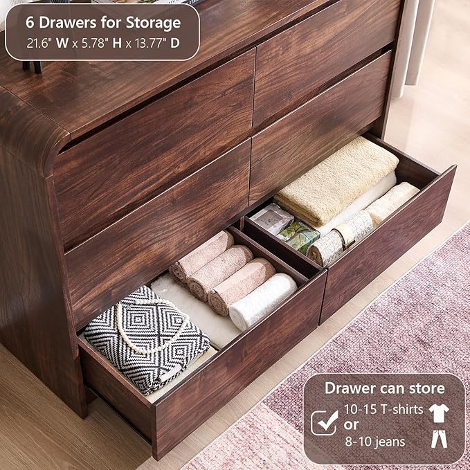Modern 6 Drawers Dresser for Bedroom, 47" Wide Wood Dressers & Chests of Drawers w/Curved Profile Design, Mid Century Modern Dresser w/Natural Texture for Bedroom, Living Room, Brown
