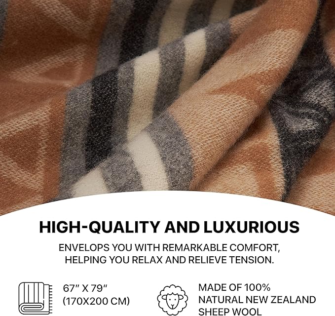 | Wool Blanket/Throw | 100% New Zealand Wool | Perfect for Home and Outdoors | Virgin Wool Throw with Fringes 67"x79" (170 x 200 cm)