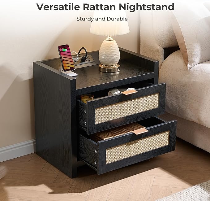 SICOTAS Black Nightstands Set of 2 Bed Side Table - Boho Night Stand End Table with Type-C Charging Station, 2 Rattan Decor Drawers Storage Cabinet Night Stands for Bedroom, Black Oak