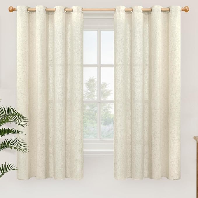 YoungsTex Beige Linen Curtains 63 Inch Length for Living Room 2 Panels, Light Filtering Window Drapes Semi Sheer with Grommet Rustic Natural for Bedroom, 52 X 63 Inch