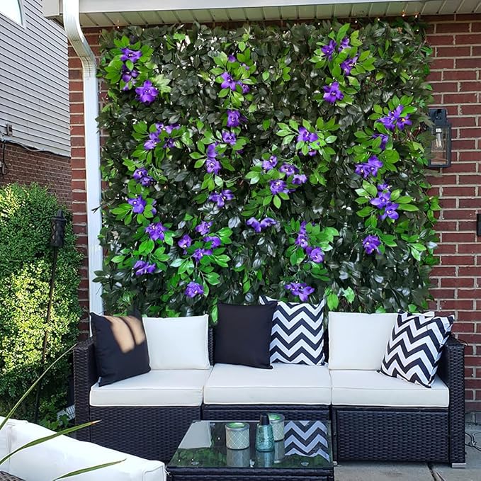 Sumery Expandable Fence Privacy Screen for Balcony Patio Outdoor,Decorative Faux Ivy Fencing Panel,Artificial Hedges (Single Sided Leaves) (4, Branches -Purple Fowers)