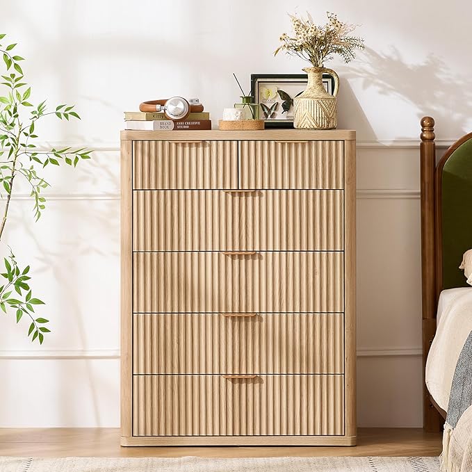 LEYAOYAO 42" Tall Fluted Dresser and 3 Drawers 23" Nightstand Set of 2, Wooden Dresser & Night Stand with Charging Station, 3 Piece Bedroom Furniture Set, Wood Chest of Drawer for Living Room,Natural