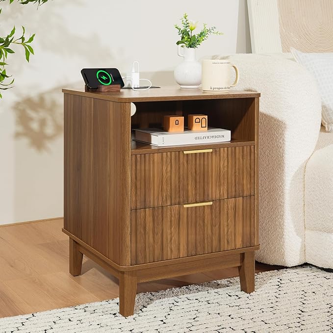Night Stand Set of 2 with Charger Station, Fluted Nightstand with Drawers and Storage Shelf, Mid Century Modern Bedside Table Nightstands, Large Bed Side Table Wood Night Stands for Bedroom