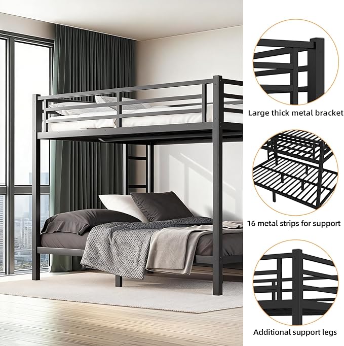 Queen Over Queen Bunk Bed Frame, Heavy Duty Metal Loft Bed for Adults/Teens, 400/600LB Capacity w/Ladder & Guardrail, Noise-Free Steel Slats, No Box Spring Required, Black