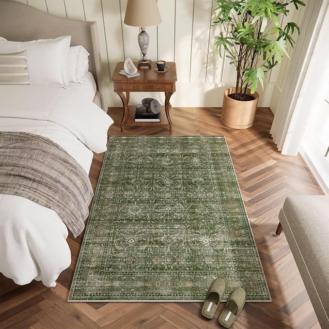 Washable 3x5 Entryway Rug, Boho Non-Slip Vintage Distress Small Rugs for Kitchen Nursery Office Bedroom, 0.3" Neutral Oriental Throw Thin Carpet with Cushioning Pad, Grass Green/Multi