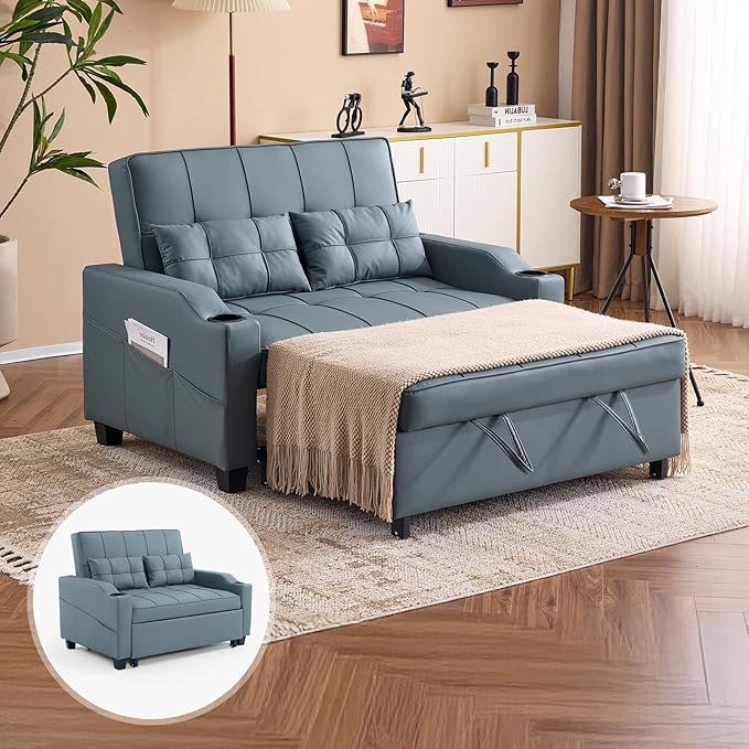 VINGLI Blue Grey Futon Sofa Bed Convertible Loveseat Sleeper Couch, Faux Leather Pullout Sofa Fold Out Couch Bed with USB Ports, Cup Holders, Armrest for Living Room, Bedroom Apartment Room