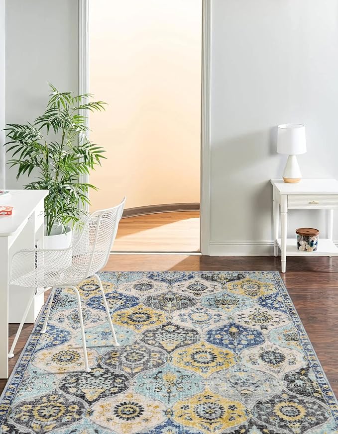 Lahome Moroccan Trellis Washable Area Rugs 5x7, 5x7 Area Rugs for Living Room Bedroom, Indoor Non-Slip Large Oriental Accent Throw Carpet for Kitchen Entryway Bathroom Office, Yellow/Aqua