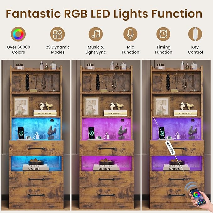 VIAGDO Tall Nightstand with Charging Station and LED Lights, Rustic Brown Night Stand with Bookshelf, Modern LED Bedside Table with 3 Drawers and Storage Shelves, End Side Table for Bedrooms, Dorms