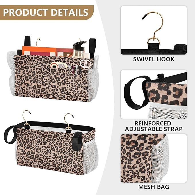 Bedside Caddy Hanging Bunk Bed Caddy Bed Organizer Hanging Pocket with 2 Hooks Bedside Storage Organizer Pocket Bag Holder Leopard Print Brown