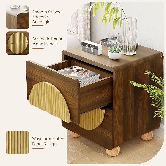 23" Fluted Nightstand with Solid Wood Legs, Modern Style Walnut Bedside Table with Round Moon Handle & Storage, Mid Century Cute Night Stand for Bedroom, Side Table, End Table