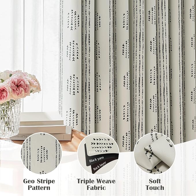 100% Boho Blackout Curtains 84 Inches Long for Bedroom, Black on Beige Patterned Bohemian Curtains for Living Room, Geometric Striped Thermal Insulated Window Drapes Gromment Top 2 Panels