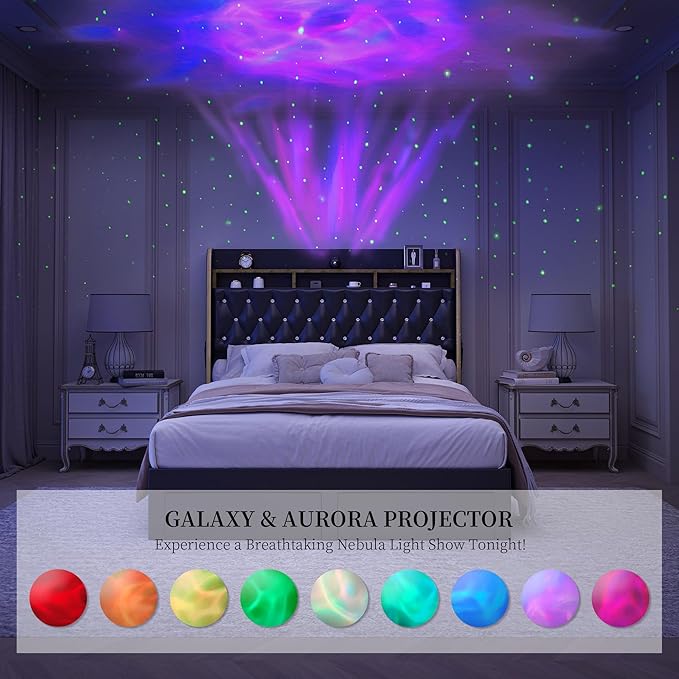 King LED Bed Frame with 2 Storage Drawers, PU Upholstered Platform Beds with Galaxy Star Projector Charging Station Speaker, Aurora Bedframe with 2-Tier Storage Headboard, Noise-Free, Black