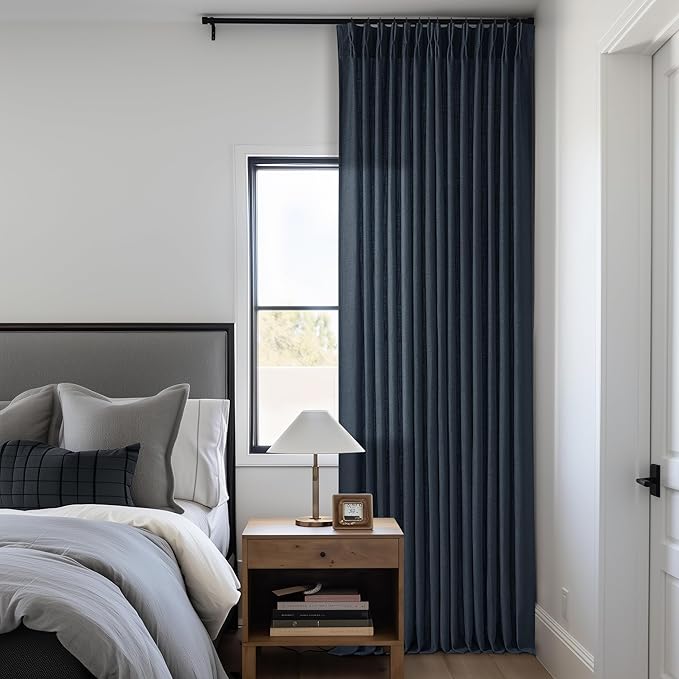 Navy Blue Pleated Linen Curtains 96 Inches Long for Living Room 2 Panel Set Semi Sheer Light Filtering Pinch Pleat with Rings Hooks Drapes Boho Farmhouse Dark Blue Indigo Curtain Bedroom Window