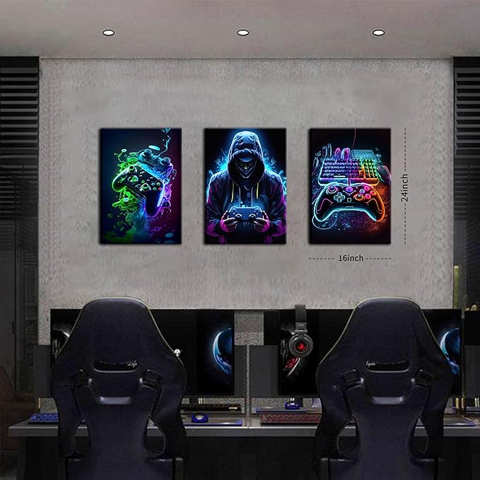 BGFCE Cool Gaming Canvas Wall Art Set of 3, Retro Video Game Watercolor Poster Pictures, Neon Gamepad Gamepad Painting Prints Game Room Bedroom Wall Decor 16x24 in Framed