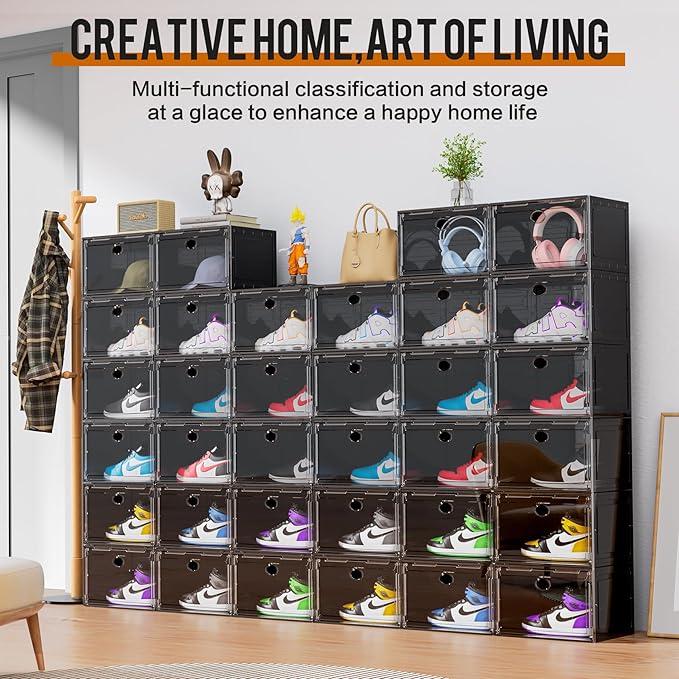 KEFA XL Shoe Storage Box Organizer, 8 Pack Shoe Boxes Clear Plastic Stackable, Sneaker Display Case Container Fit for US 13 (Side 8 PACK BLACK)